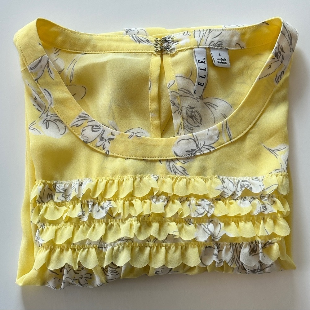 Elle Yellow Floral Smocked Blouse | Ruffle Detail | Spring Top | Size L - Picture 11 of 11
